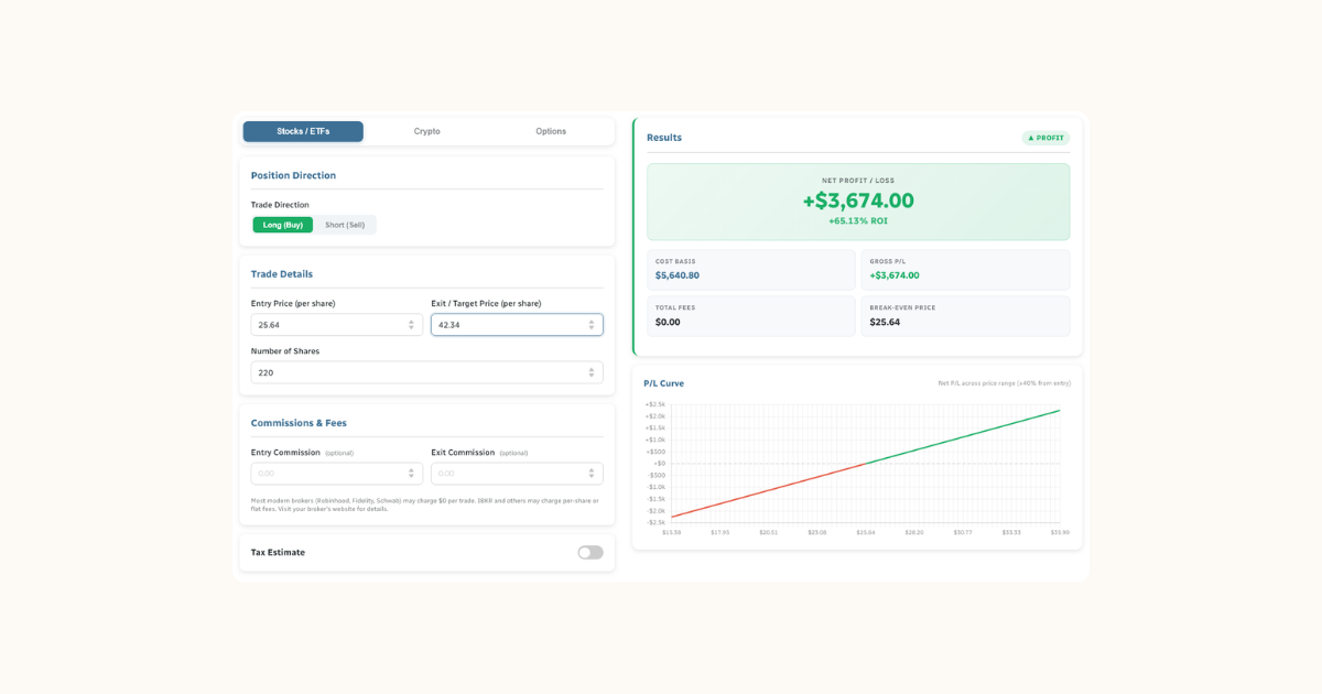 P/L Calculator — Stocks, Crypto & Options - JustQuickTools